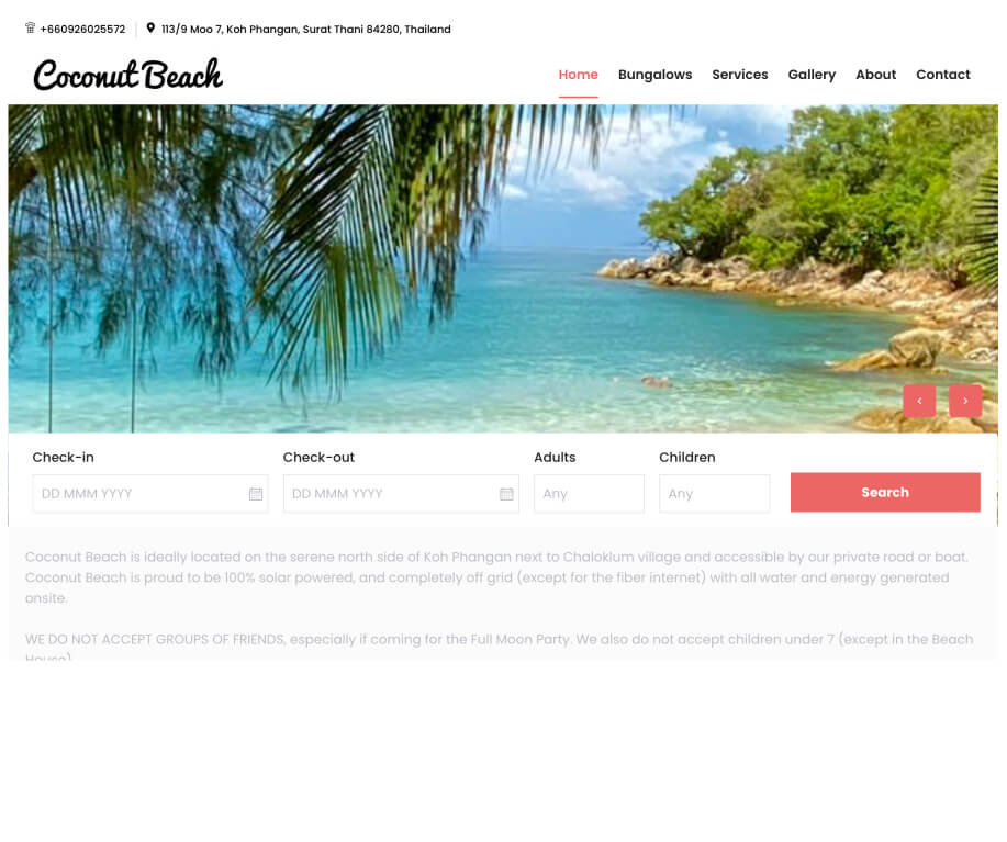 Tropical Coconut Beach homepage with reservation search and menu options.