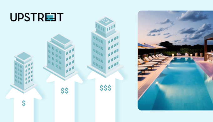 Illustration of growing buildings with dollar signs and arrows, representing the rapid growth of Upstreet's vacation rental properties by using AdvanceCM