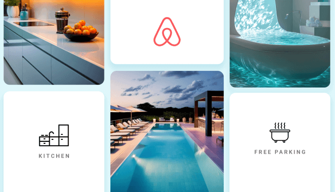 Image of a poolside with the Airbnb logo, free parking icon, and kitchen icon, symbolizing essential amenities for Airbnb hosts.