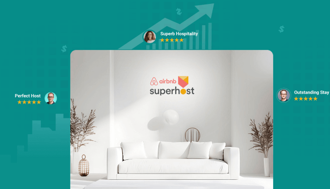 Living room with the Airbnb Superhost badge and 5-star rating, representing tips for becoming an Airbnb Superhost.