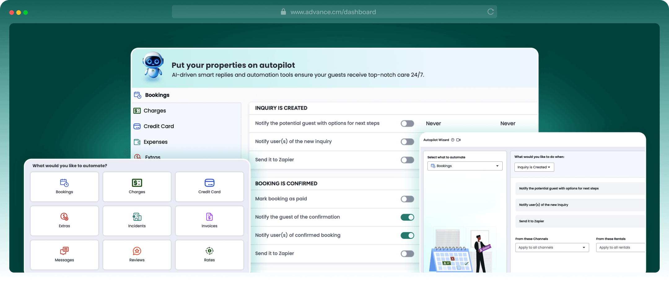 AdvanceCM multi-calendar dashboard showing rental bookings, availability, and automated management features for property managers.