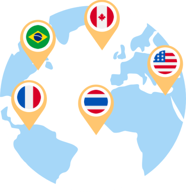 Illustration of a world map with location pins featuring flags from Brazil, Canada, the United States, France, and Thailand, representing localized support for property management.