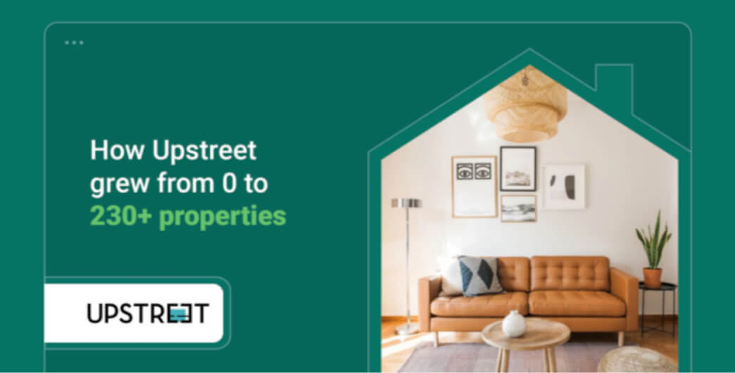 Blog banner featuring a cozy modern living room with text highlighting Upstreet's growth journey from 0 to 230+ properties, symbolizing success in property management.