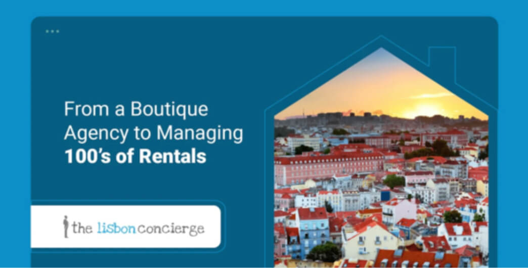 Blog banner showcasing Lisbon's cityscape at sunset with text about a boutique agency scaling to manage hundreds of rentals, highlighting property management success.