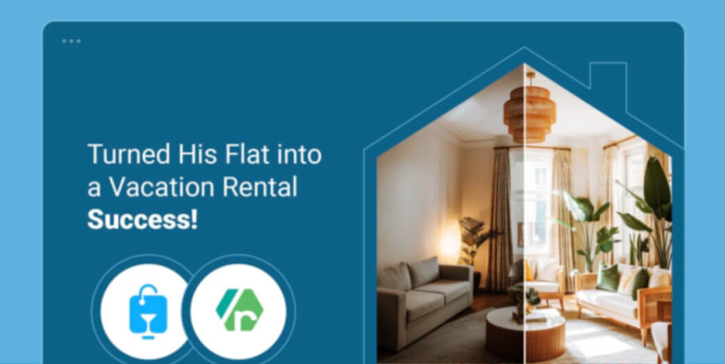 Blog banner featuring a transformed living space, illustrating the journey of turning a flat into a successful vacation rental, with vibrant design and growth icons.