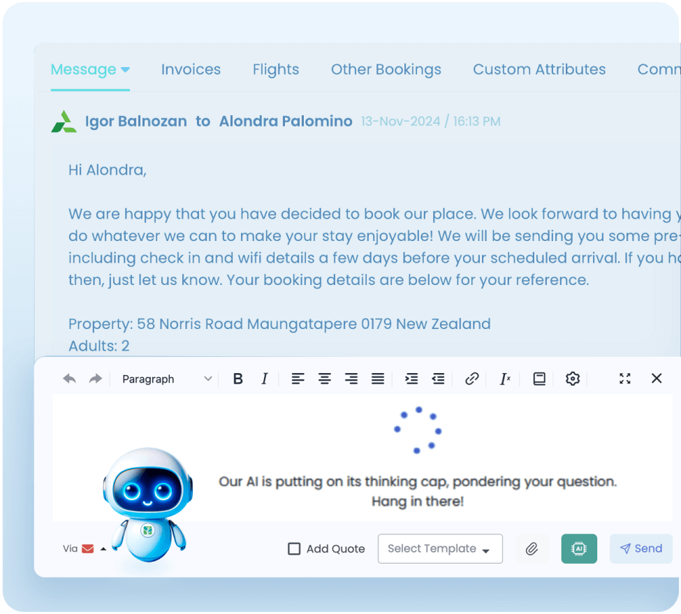 Email drafting interface displaying a personalized message for a guest, with an AI assistant generating suggestions. The AI assistant's message reads, 'Our AI is putting on its thinking cap, pondering your question. Hang in there!