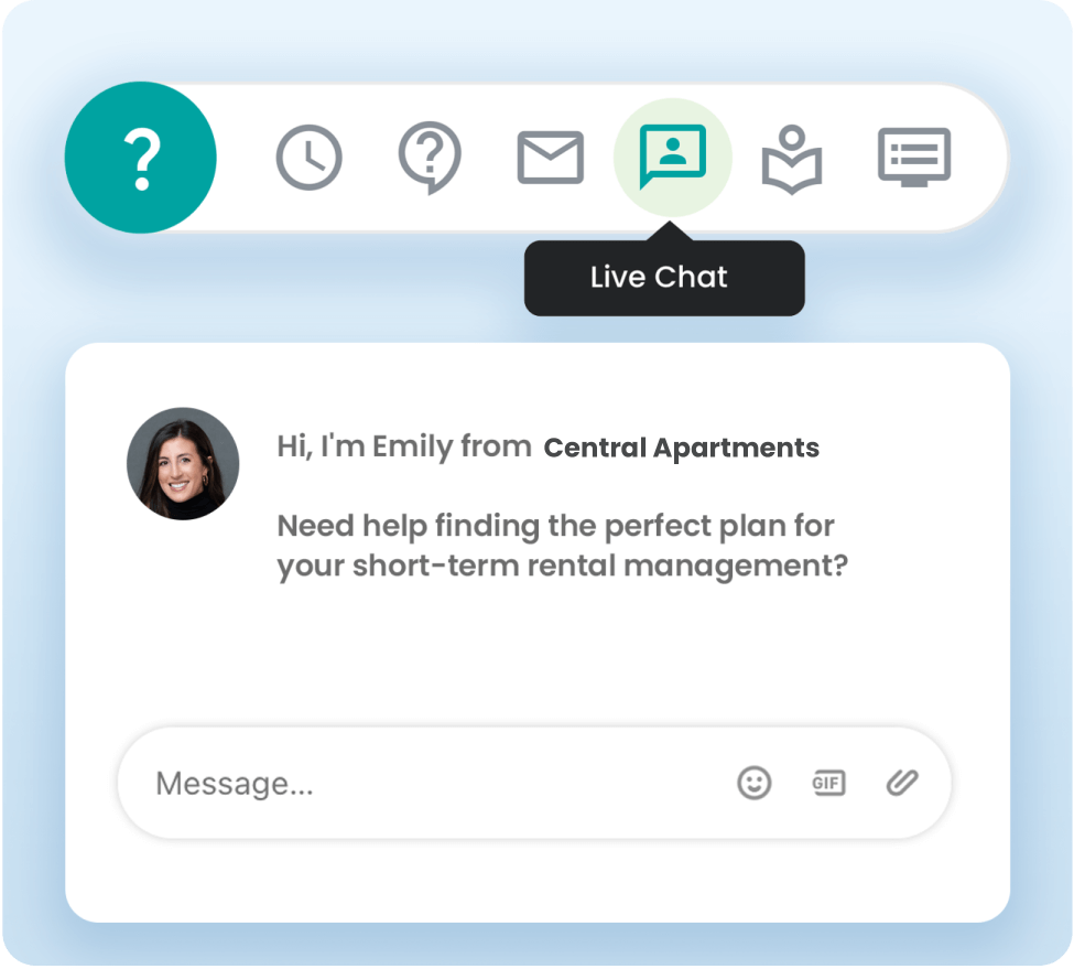 Live chat interface featuring Emily from Central Apartments offering assistance with short-term rental management plans. The chat box invites users to type their questions for personalized support.