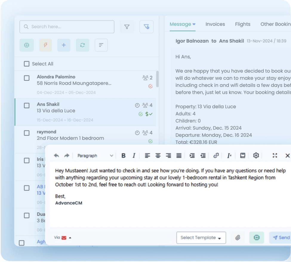 Screenshot showcasing a unified messaging system with smart reply suggestions. The interface displays guest inquiries, booking details, and a message editor with prewritten responses, demonstrating personalized and quick communication using AI-powered suggestions.