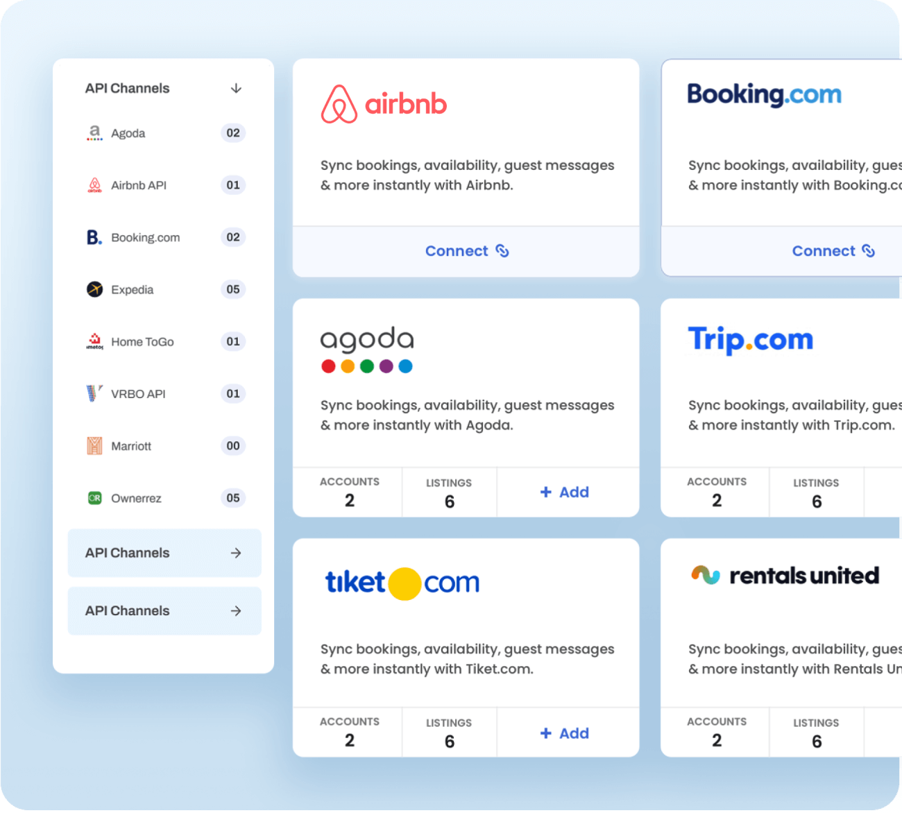 Interface displaying API channel integrations on AdvanceCM, featuring Airbnb, Booking.com, Agoda, Trip.com, Tiket.com, and Rentals United, with options to sync bookings, availability, and guest messages instantly.