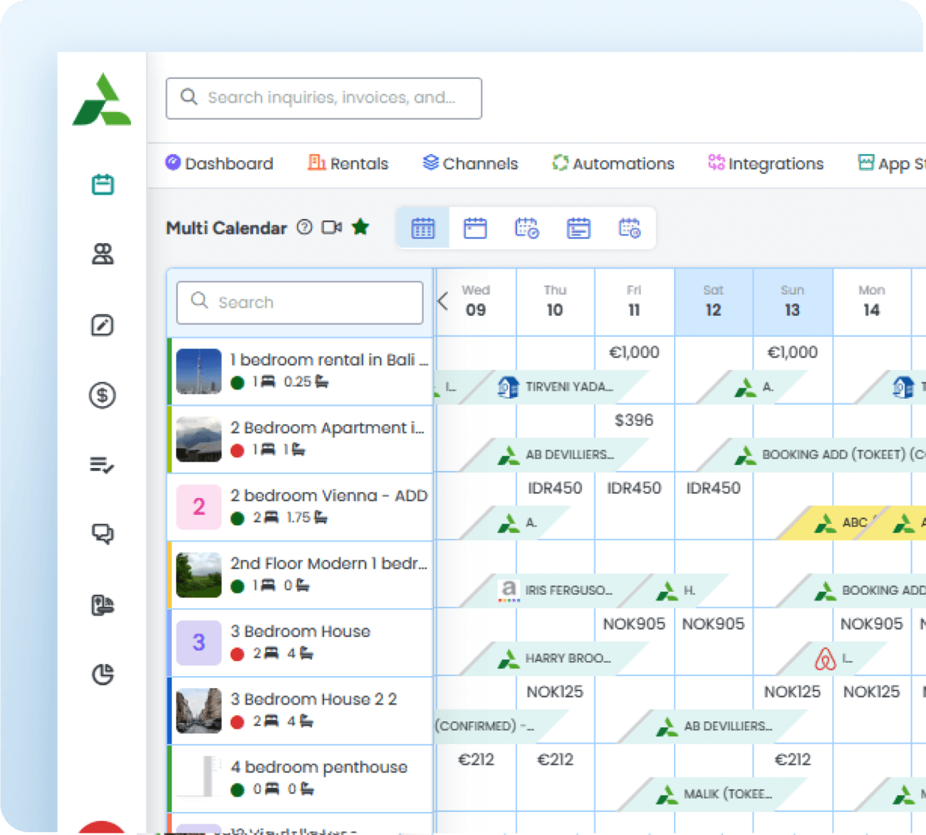 AdvanceCM multi-calendar interface displaying booking details, rental listings, and availability across different dates, with options to manage reservations and sync channels seamlessly.