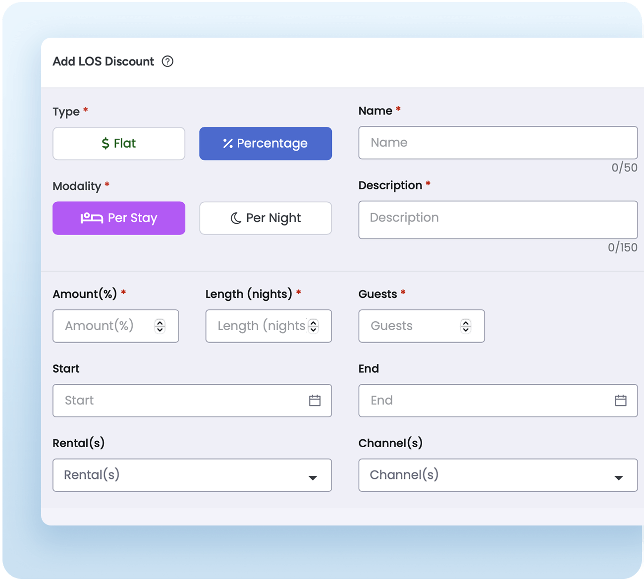 Form to create advanced stay discounts with options for flat or percentage rates, encouraging guests to book longer stays and boost occupancy rates.