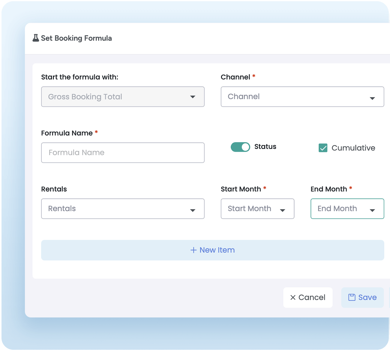 Interface for setting booking formulas to handle discrepancies in currency, fees, taxes, and commissions across booking channels, ensuring accurate financial reporting.