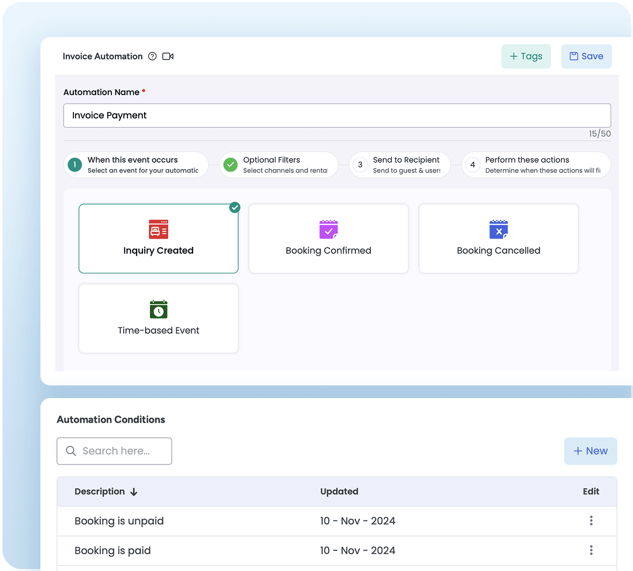 Invoice automation setup screen displaying event triggers such as 'Inquiry Created,' 'Booking Confirmed,' and 'Booking Cancelled,' with detailed automation conditions for streamlined payment management.