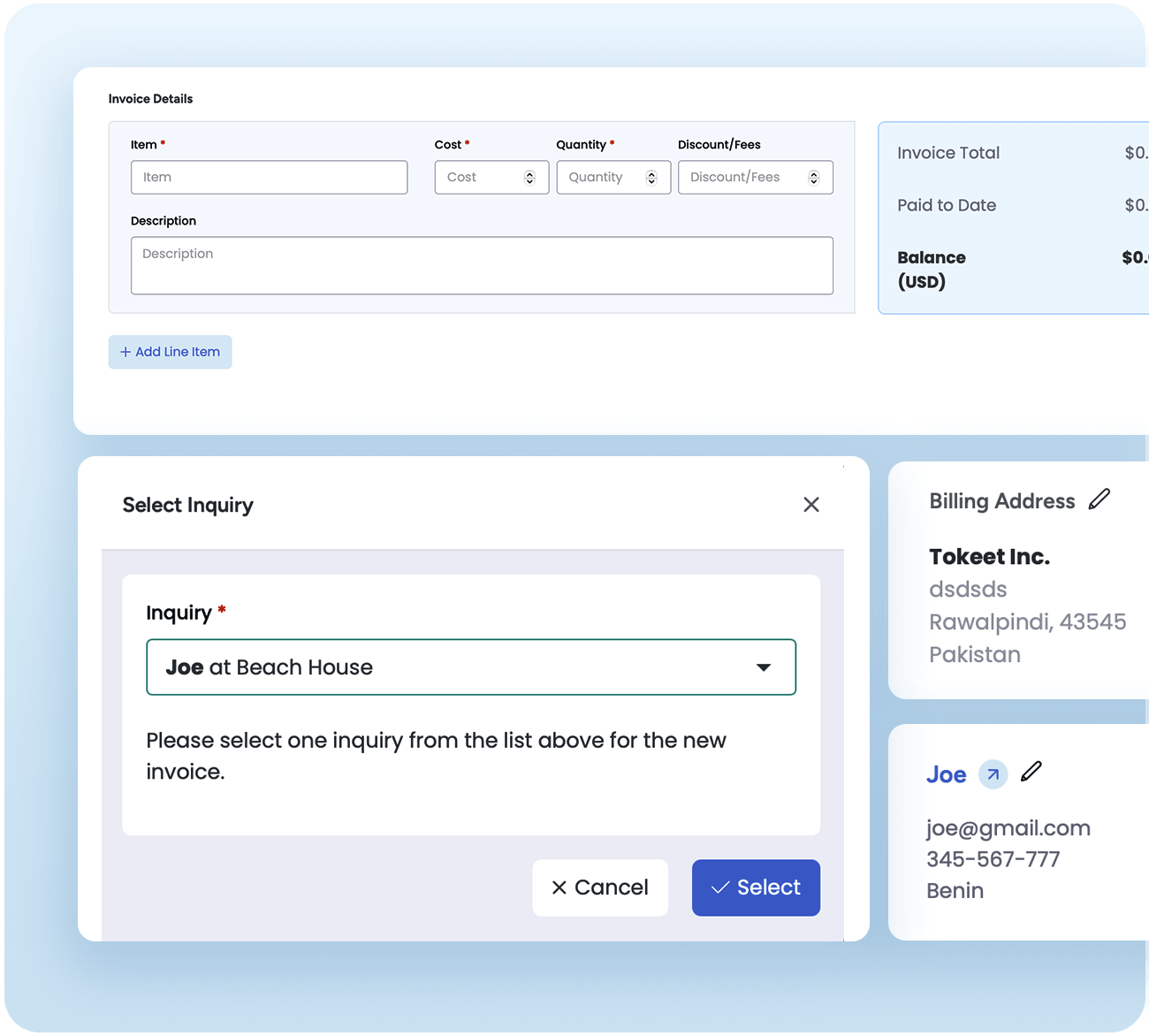 Invoice creation interface showing fields for item details, cost, quantity, and discounts, with an inquiry selection panel and customer billing information.