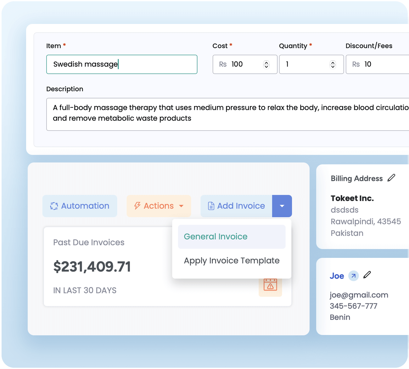 Invoice creation screenshot displaying item details, including a Swedish massage with cost and discounts. Options to generate general invoices for additional services like spa treatments. Features past due invoices, billing address, and automation actions for seamless financial management.