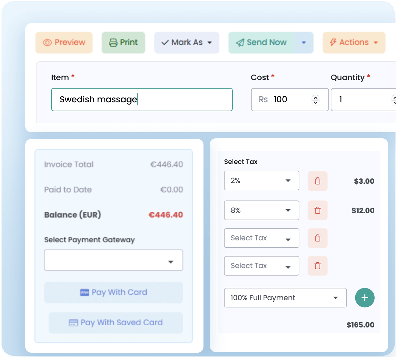 Invoice payment screen showing itemized costs, tax selection, and payment options. Features include saved card payment and secure checkout for fast and effortless transactions.