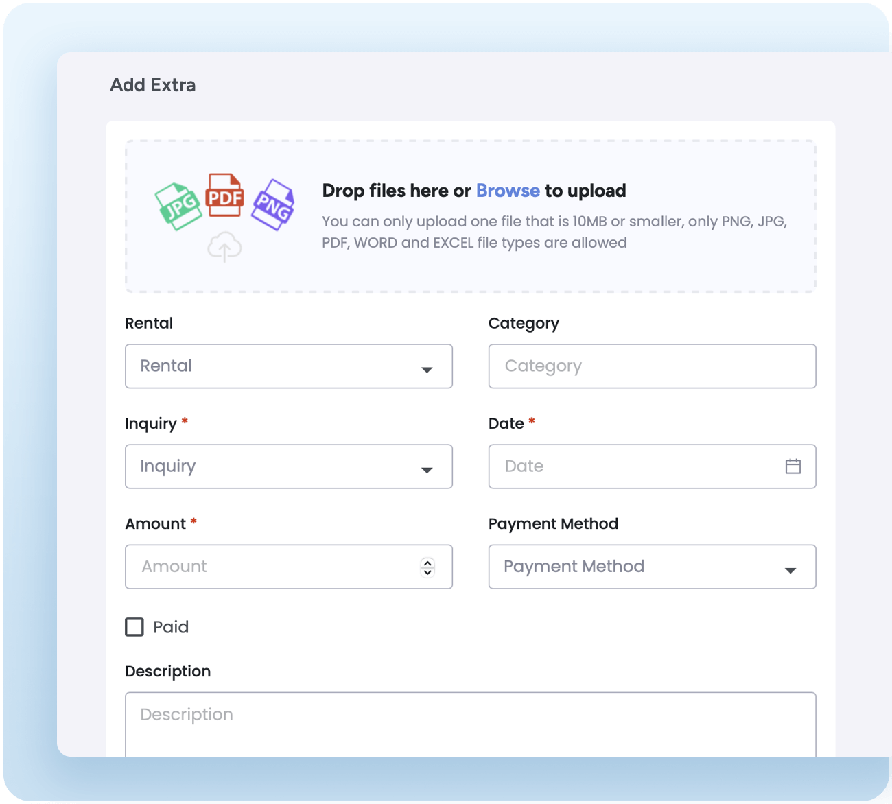 Form interface for adding extra services or items not included in the rental, with options to input rental details, category, amount, payment method, and upload relevant files for organized financial tracking.