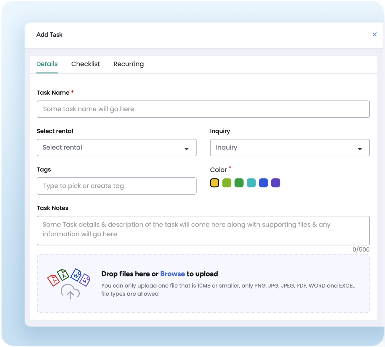 Task creation form interface with fields to input task name, rental selection, inquiry type, tags, color coding, task notes, and file upload options. Designed for assigning and managing team responsibilities efficiently.