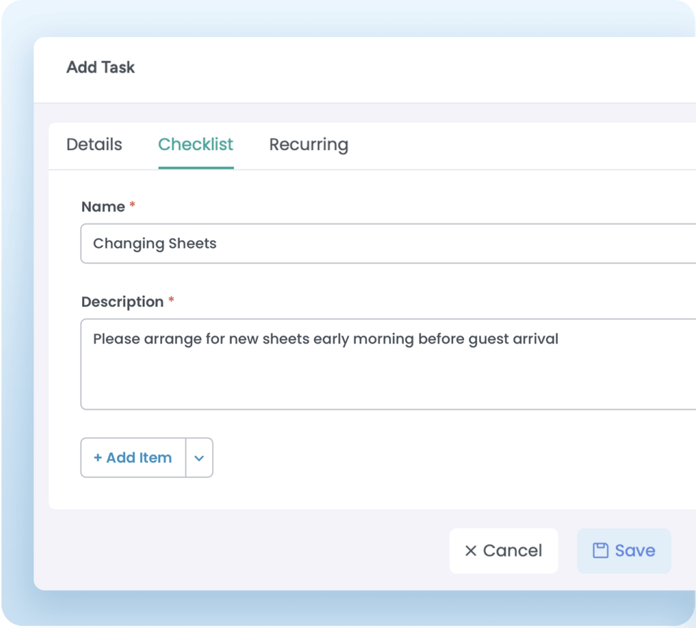 Task checklist setup form for adding and describing tasks, such as 'Changing Sheets,' to ensure smooth task management and completion.