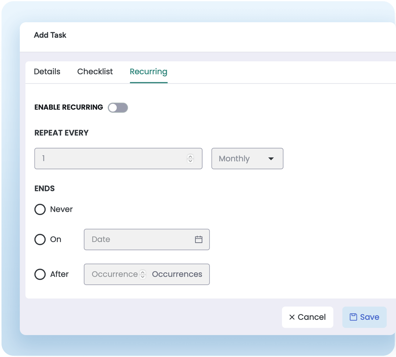 Recurring task setup form with options to set intervals and end conditions for automating routine activities like cleaning and maintenance.