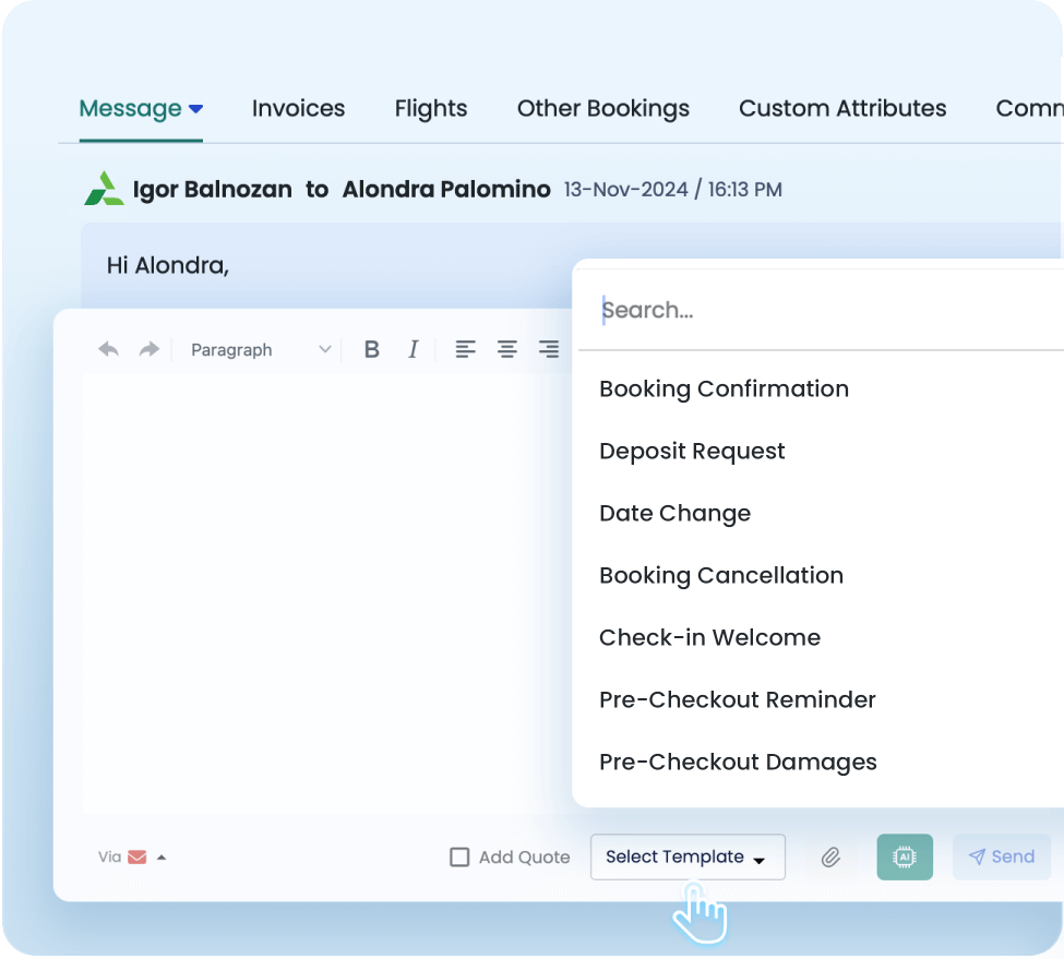 Message template selection interface in AdvanceCM showing predefined options like booking confirmation, deposit request, and check-in welcome for quick communication.