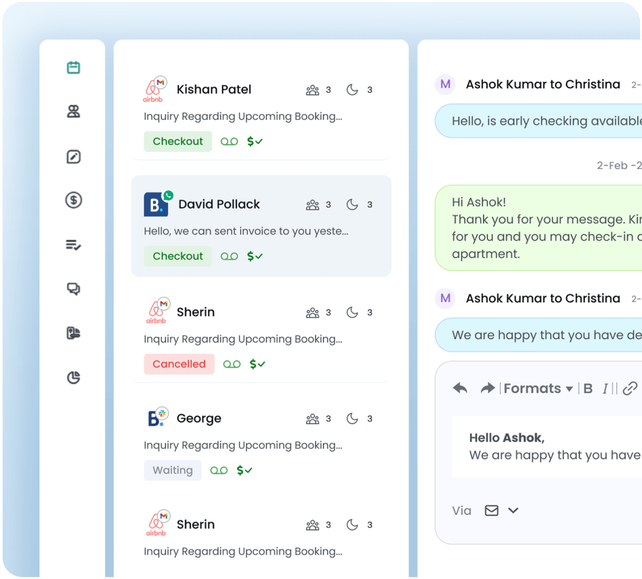 Screenshot of the unified inbox interface in AdvanceCM showing centralized guest messages from platforms like Airbnb and Booking.com, with options for responding, managing inquiries, and tracking statuses in a single dashboard.