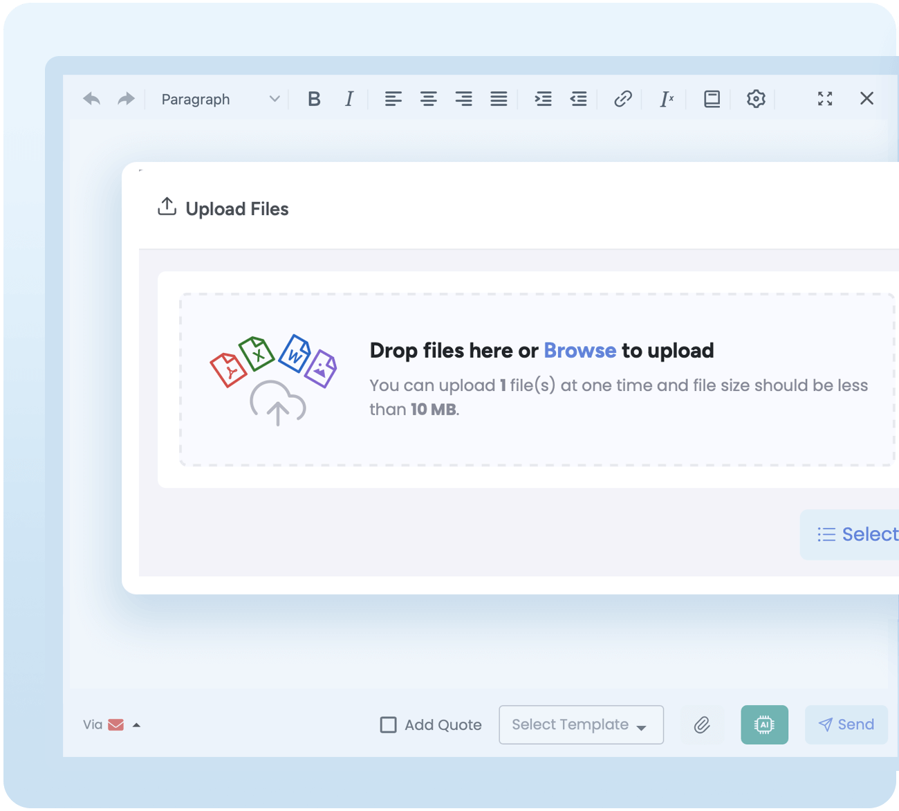 File upload interface in AdvanceCM allowing users to drag and drop or browse files, with a size limit of 10 MB per file.