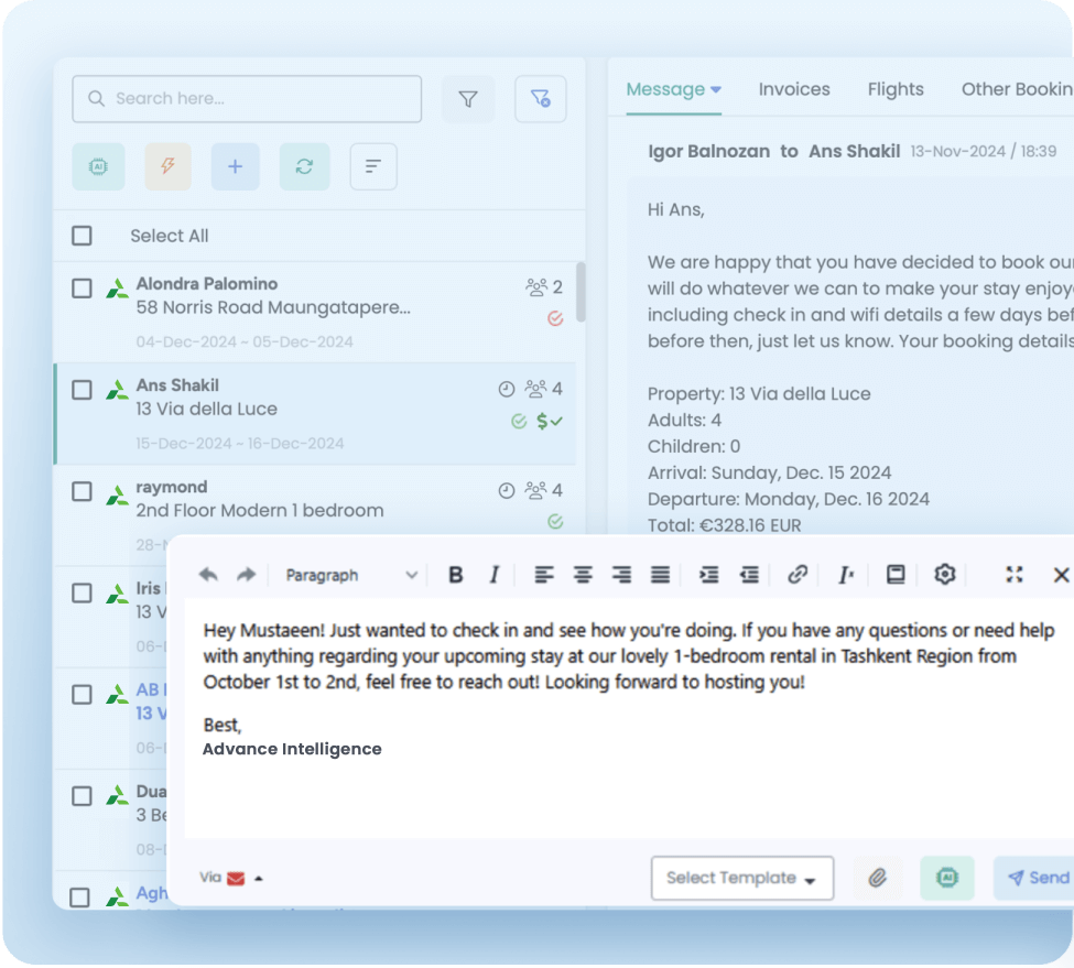 Screenshot of guest communication interface in AdvanceCM showing a personalized check-in message being drafted for a guest, with booking details and property information displayed.